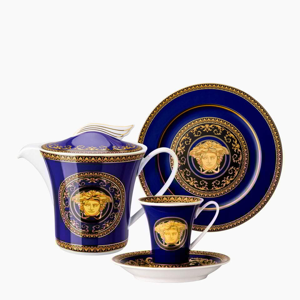  Versace Medusa Blue 5 piece place setting on white background.