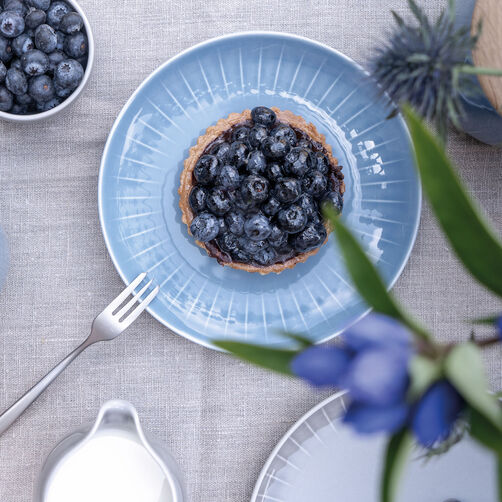 Joyn Collection Blueberry tarteltte on a light blue Joyn plate