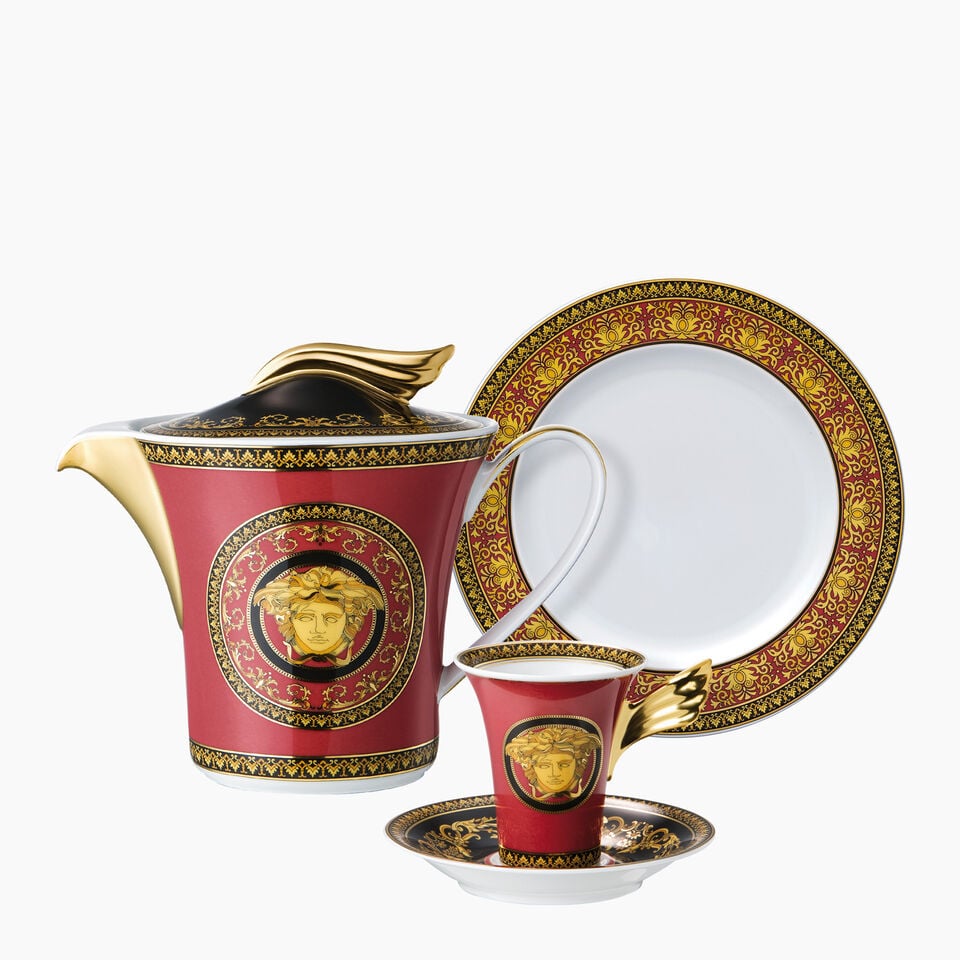 Versace Medusa Red 5 piece place setting on white background.
