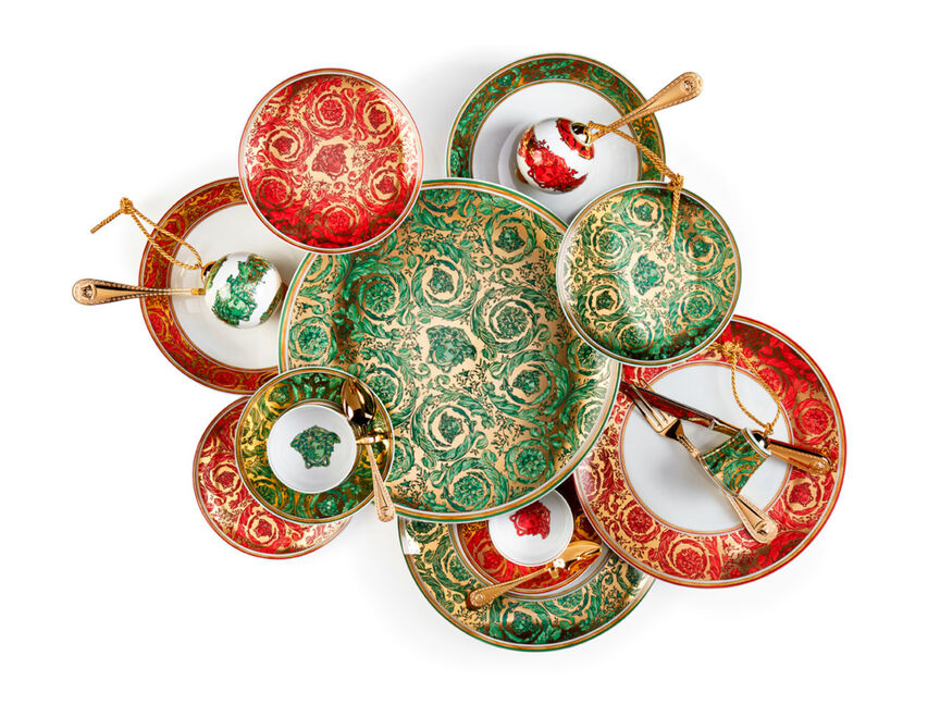 Versace Garland Green Christmas items and tableware on white background