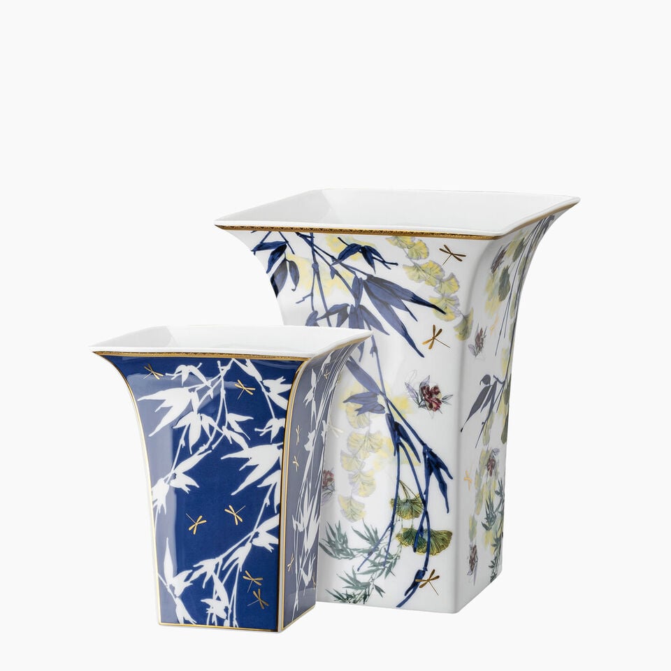 Rosenthal Turandot rectangular vases in blue and white on white background