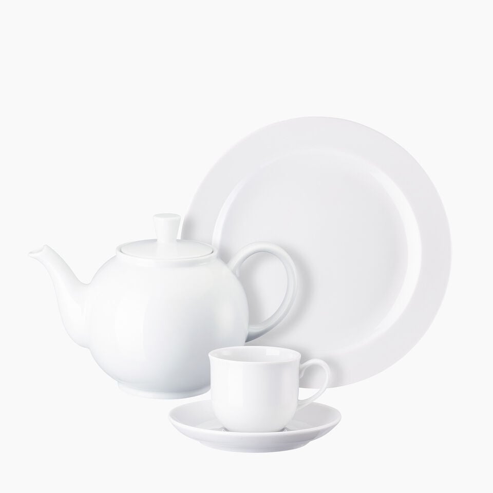 Rosenthal Form 1382 White plate, tea pot and cups with saucer on white background