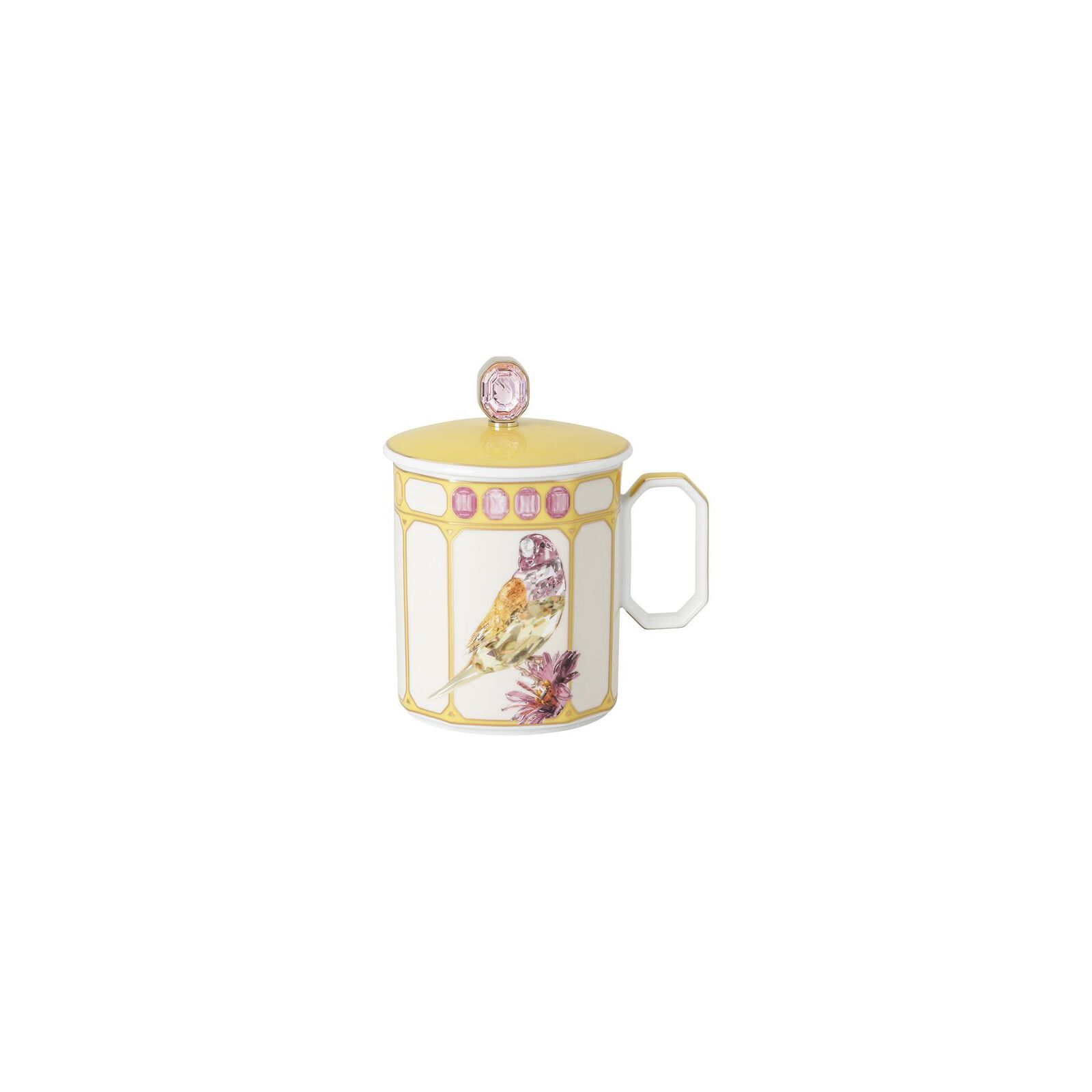 Mug with handle and lid (11.20 cm) from the Swarovski IDYLLIA Finch Yellow collection in porcelain. image number null