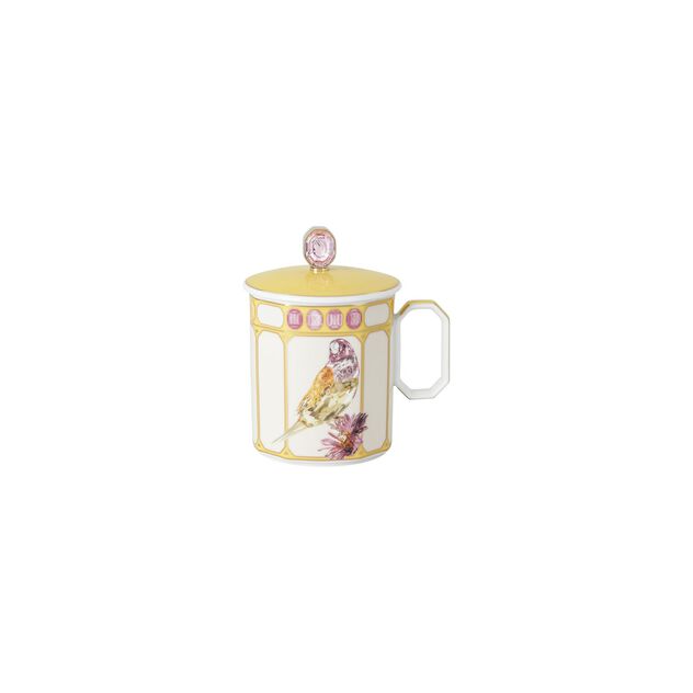 Mug with handle and lid (11.20 cm) from the Swarovski IDYLLIA Finch Yellow collection in porcelain. image number 0