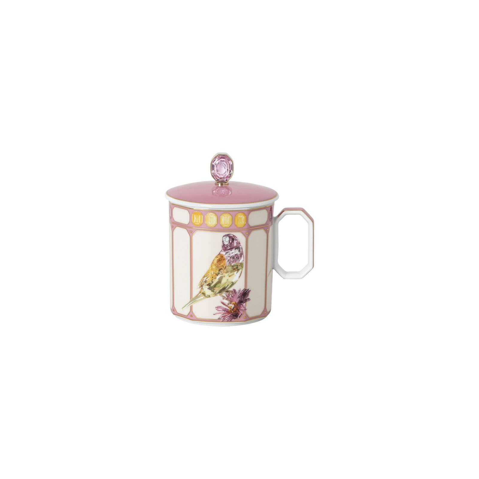 Mug with handle and lid (11.20 cm) from the Swarovski IDYLLIA Finch Pink collection in porcelain. image number null