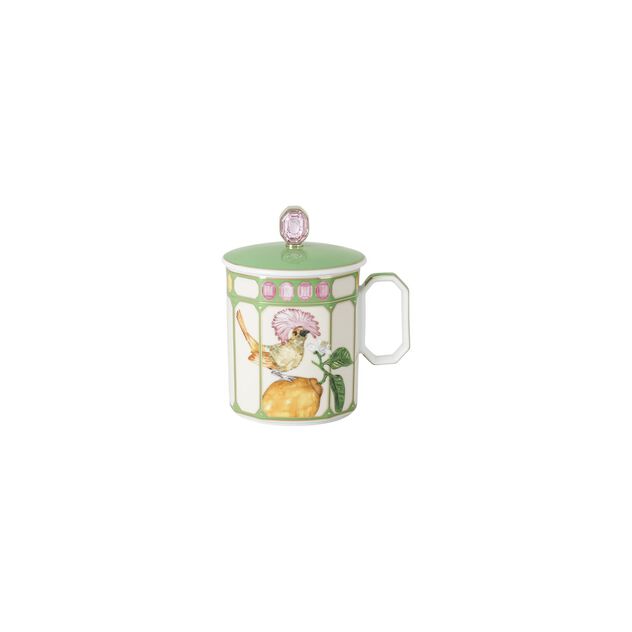 Mug with handle and lid (11.20 cm) from the Swarovski IDYLLIA Flycatcher Green collection. image number 0
