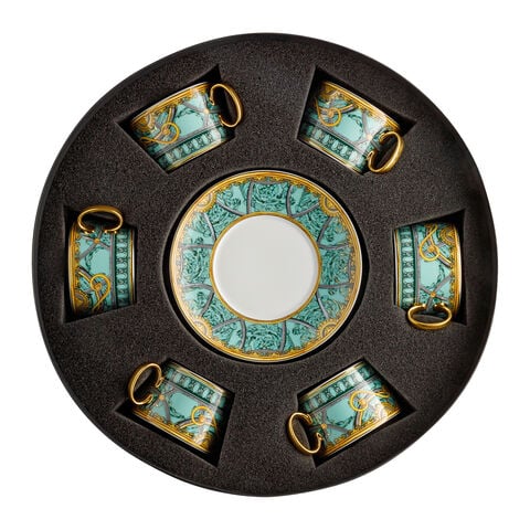 Tea Cup & Saucer Set/Six, Round "Hat Box"