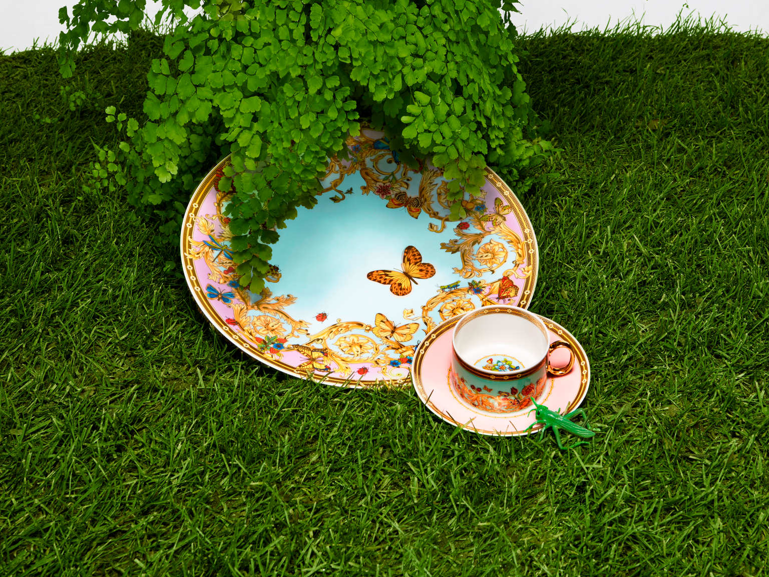 Versace Butterfly Garden plate & tea cup with saucer put on green grass