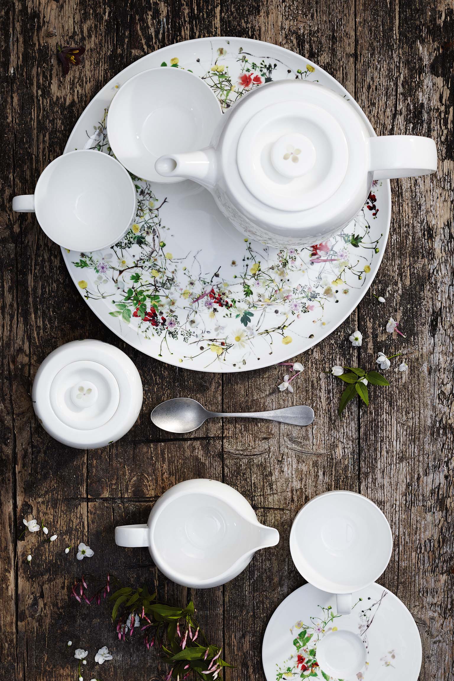 Rosenthal Brillance Fleurs Sauvages plate, tea pot, tea cup, creamer, sugar bowl from above