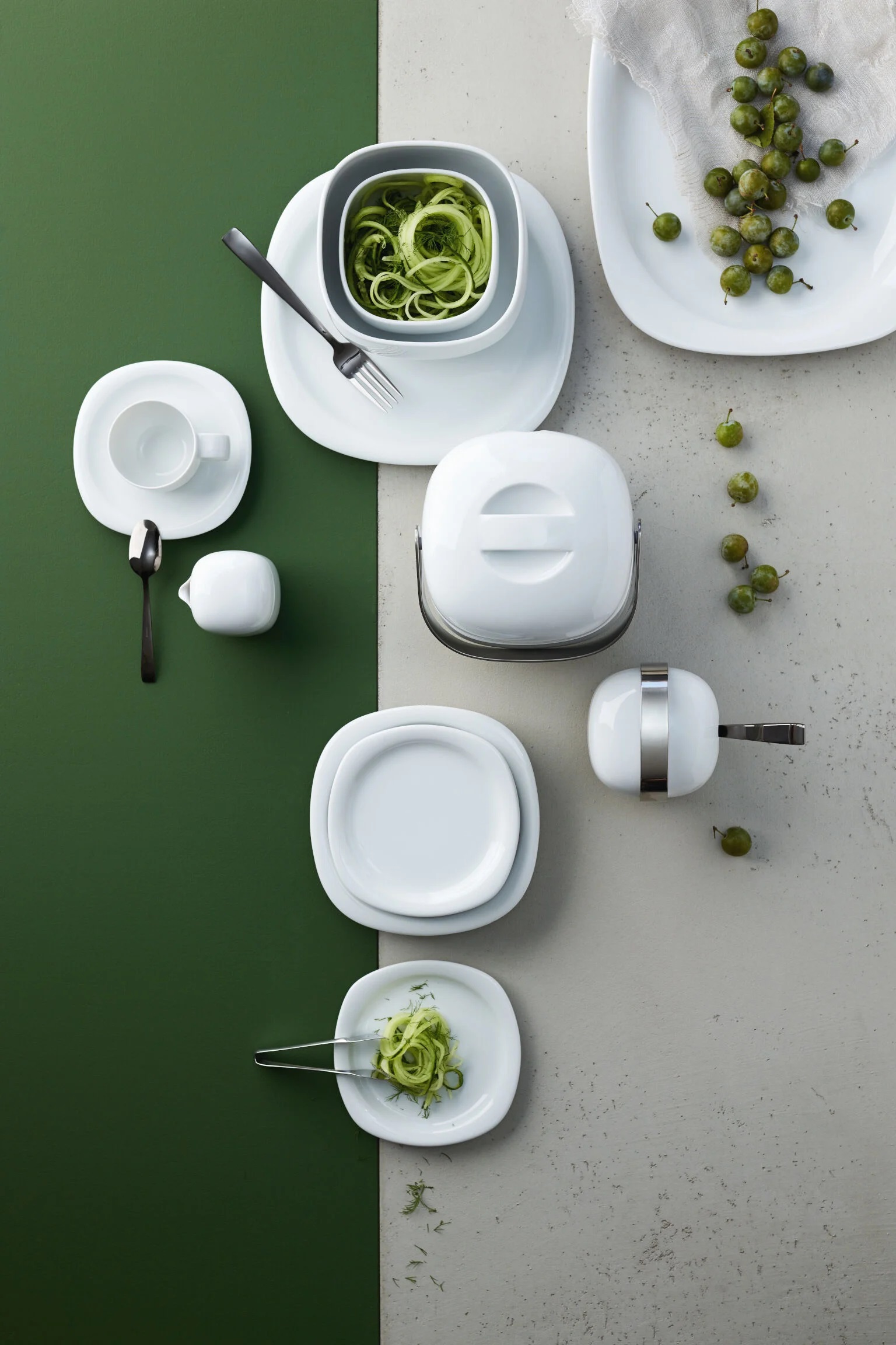 Rosenthal Suomi White collection with green vegetables on green-grey background